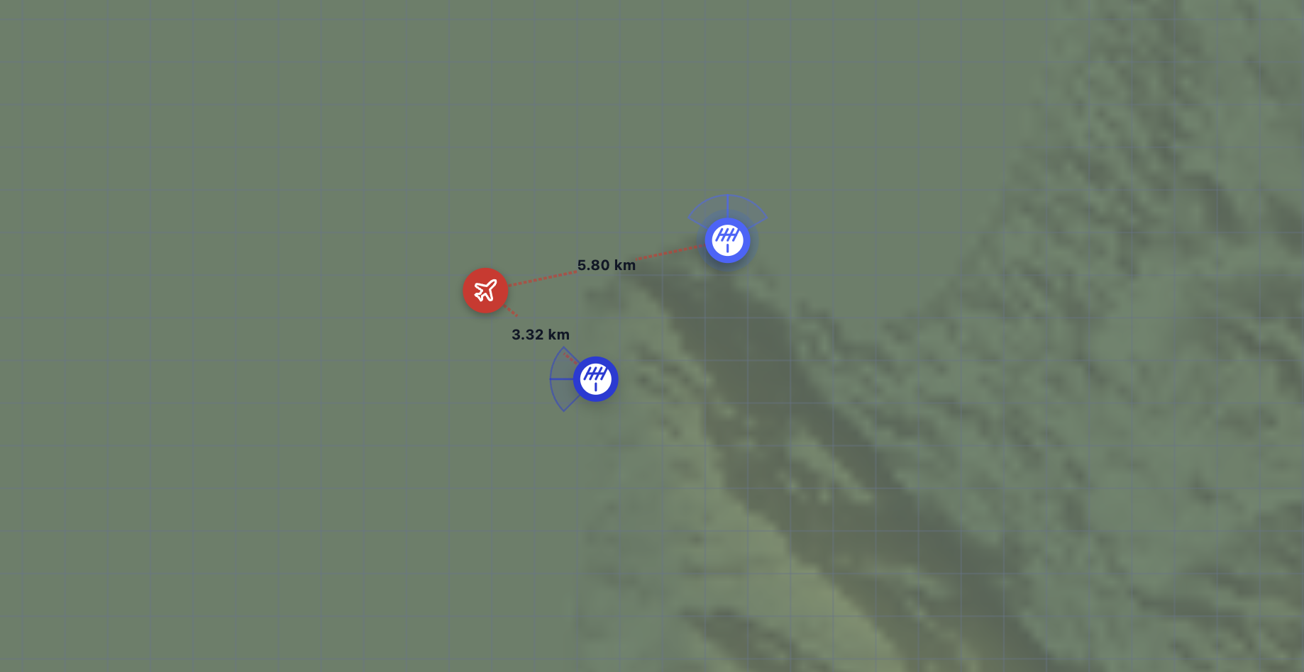Terrain infrastructure map view with terrain overlay and RF entities