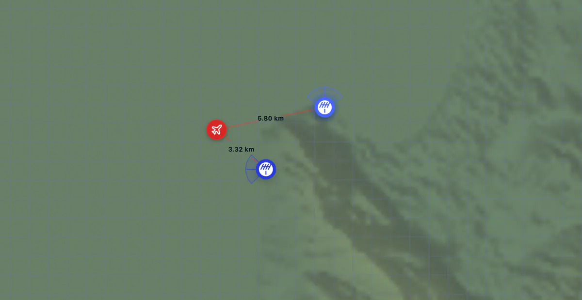 Terrain infrastructure map view with terrain overlay and RF entities