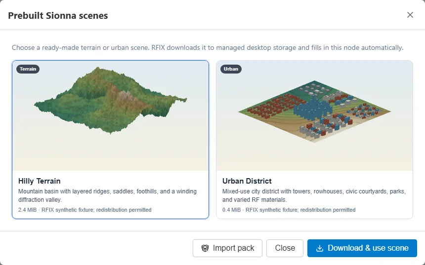 RFix prebuilt scene picker with the Urban District scene.