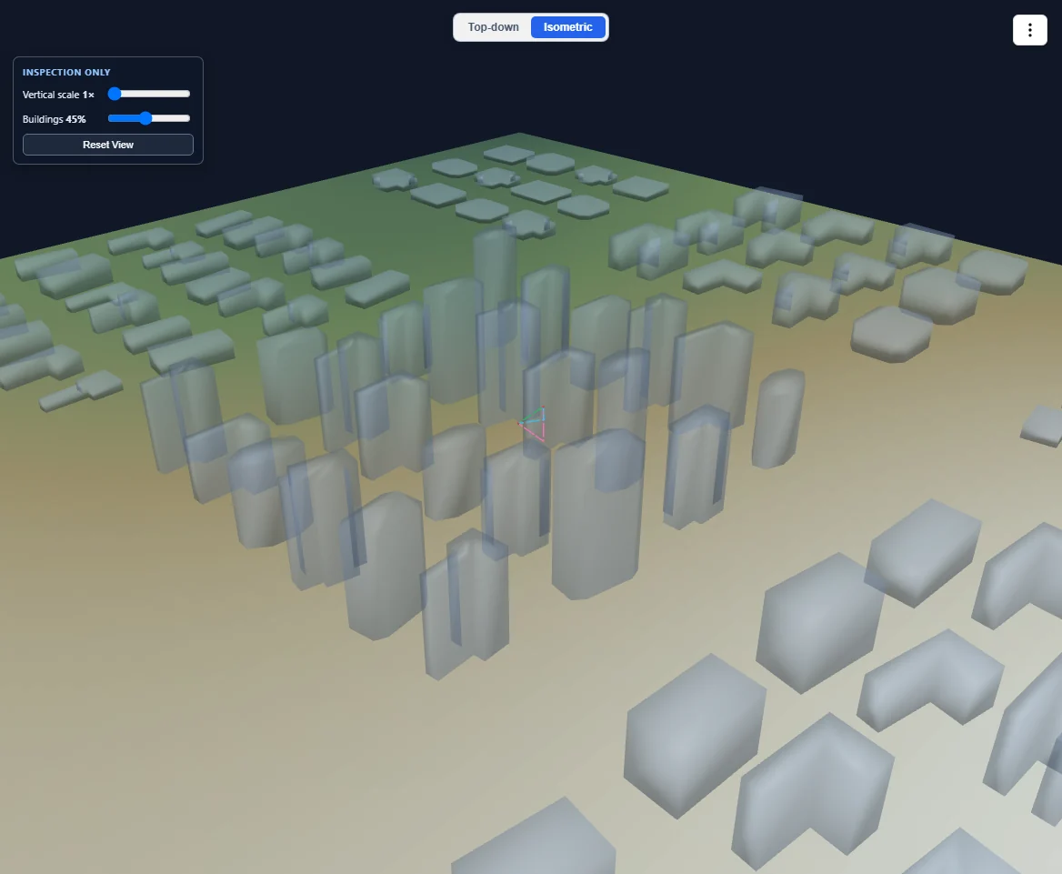 Urban District in the RFix isometric map, with calculated propagation paths interacting with buildings.