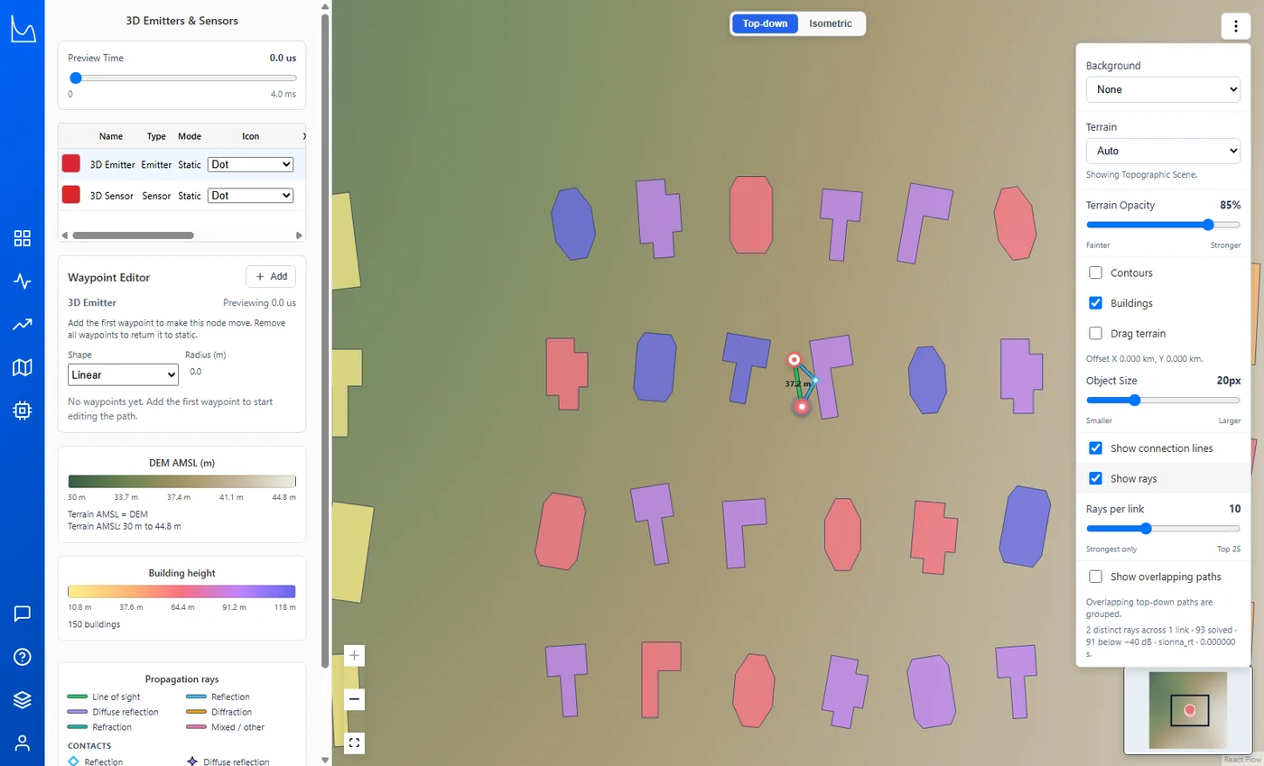 Calculated propagation paths reflecting from buildings in the Urban District map.